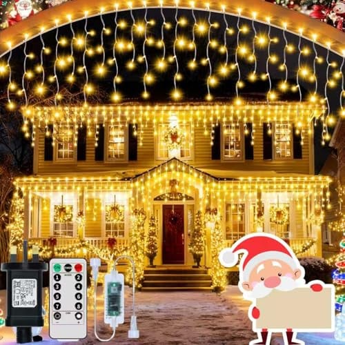 GCMacau Eisregen Lichterkette Außen, 20+5M 660 LED Weihnachtsbeleuchtung Eisregen Außen mit 8 Modi Fernbedienung & Timer, IP65 Wasserdicht Lichtervorhang für Dachkante Balkon Weihnachtsdeko, Warmweiß