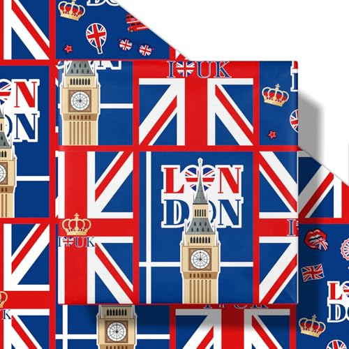 RUSPEPA Wrapping Paper Roll British Flag Design for Birthday, Party, Baby Showers - 43.2cm x 5m
