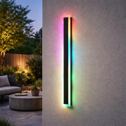 ENERJ 120cm RGB Outdoor Wall Light - 24W Color Changing Modern LED Linear Sconce, IP65 Waterproof, Remote Control, Matte Black Architectural Lamp for Garden, Patio & Courtyard [1.2m]