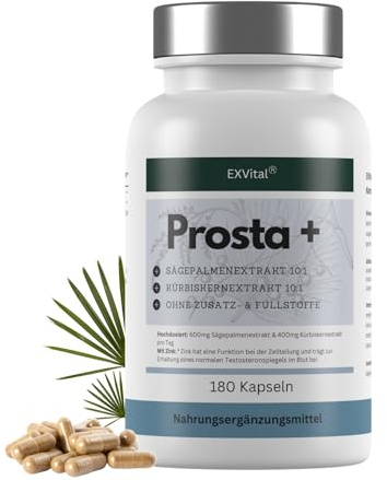 EXVital® Prosta+, 180 vegane Kapseln, hochdosiert mit Sägepalmenextrakt (600mg), Kürbiskernextrakt (400mg) & Zink, laborgeprüft