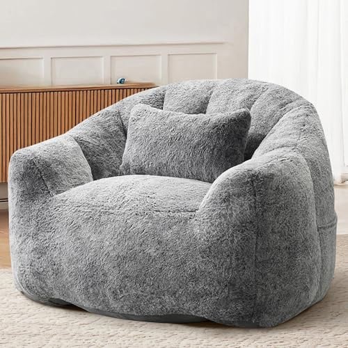 FurniSoar Sitzsack für Erwachsene, Flauschiger Loungesessel aus Kunstfell mit Kissen, Belastbarkeit bis 160 kg, Vakuumverpackt & ohne Montage, für Wohnzimmer, Schlafzimmer, Balkon, Grau