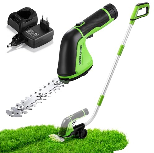 WORKPRO Akku Gartenschere 12V, 3-in-1 Gras- & Strauchschere 2000 mAh Akku | mit 2 Messern & 95 cm Teleskopstiel, 125 mm Schnittbreite, 160 mm Schnittlänge, Heckenschere für Rasenkanten & Sträucher