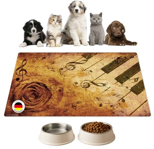 Napfunterlage | Futtermatte für Hunde und Katzen „Romantisches Dinner mit Klaviertasten“ aus Premium Vinyl - 60x40 cm – rutschhemmend, abwaschbar, reißfest - Made in Germany