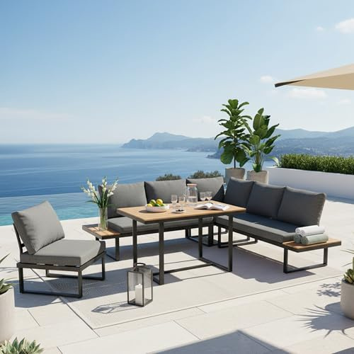 Mrwoo Gartenmöbel Set, 5-Stufig Neigbar Bis 55°,Verzinktes Stahlrohr Korrosionsbeständig, Großer Esstisch Grau Schwarz,Flexibel Kombinierbar,mit Praktischen Seitenfächern für Außenbereich