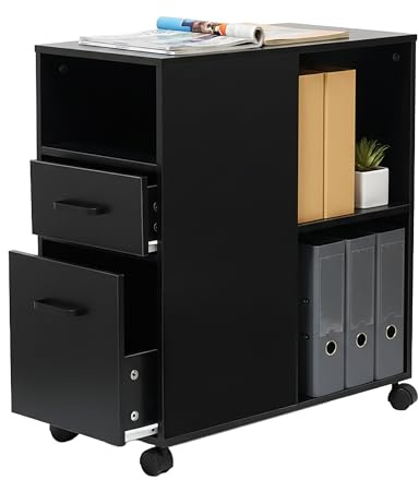 Relaxdays Rollcontainer, 2 Schubladen, 3 Fächer, HxBxT: 65 x 30 x 60 cm, MDF, Büro Unterschrank, Aktenschrank, schwarz