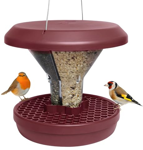 SWISSINNO Vogelfutterhaus zum Aufhängen – Davos SMART Birds - Vogelfutterspender mit Auffangschale - Futterstation für Vögel - Futtersilo Rattensicher - Vogelhaus für Garten & Balkon - Burgund