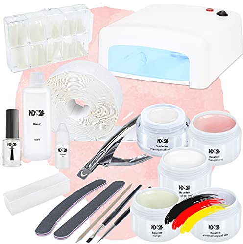 ND24 NailDesign® Gelnägel Set - Nägel Selber Machen Starterset mit Shellac - 18-teiliges Gel Nail Set mit UV Haftgel Aufbaugel Frenchgel Versiegelungsgel UV-Lampe - Polygel Starter Set für Anfänger