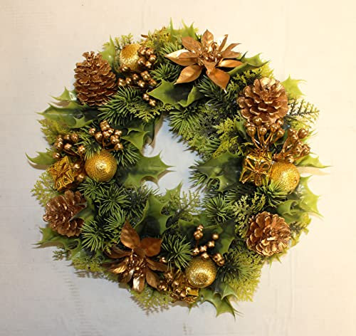 GARTHWAITE NURSERIES® : - UK Stockist : - Approx 11 Christmas Wreath Decoration/Door Artificial Xmas Gold/Poinsettias/Holly Cone
