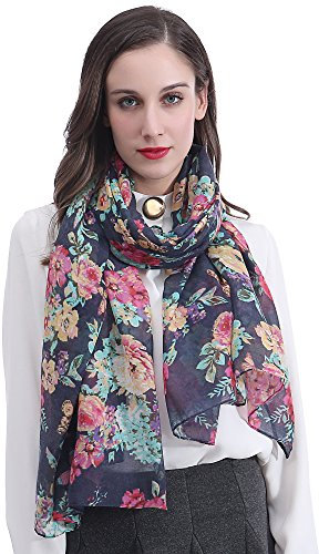 Lina & Lily Damen Schal Tuch mit Blumenmuster (B-Marineblau)