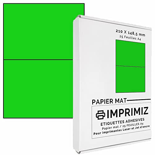 50 selbstklebende Etiketten neon grün von 148,5 x 210 mm - 2 Etiketten/Blatt - 25 Blatt A4 / Papier matt - Farbe - Für Inkjet/Laser/Kopier Drucker - Etiketten farbig