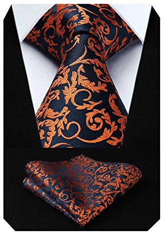 HISDERN Herren Krawatte Hochzeit Orange Paisley Krawatten Taschentuch Blumen Elegant Klassisch Krawatte & Einstecktuch Set