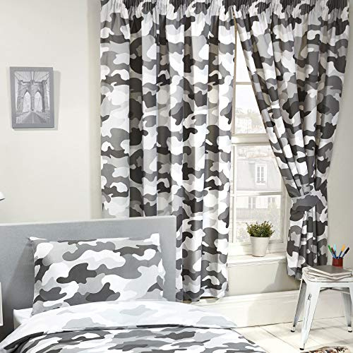Price Right Home Grey Army Camouflage Lined Curtains 66x54in (CUR063-54) | 2 Curtains per Pack, Fully Lined, Tie Backs, 48% Cotton 52% Polyester, Machine Washable, Tumble Dry, Teenager