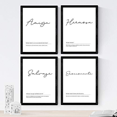 Nacnic - Set 4 Láminas Palabras, Caligrafía, Definición - Estilo Nórdico Blanco y Negro - Poster Regalo - Decoración Mural Minimalista para el Hogar