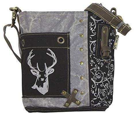 Domelo Trachtentasche. Kleine schwarze Umhängetasche. Oktoberfest Damen Crossbody Bag mit Hirsch Aufdruck. Canvas Tasche als Geschenk für Trachtenmode Liebhaber