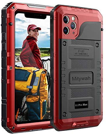 Mitywah Waterproof Case for iPhone 11 Pro Max, Heavy Duty Military Grade Armor Metal Case, Full Body Protective Rugged Shockproof Dustproof Strong Thick Case for iPhone 11 Pro Max, Red