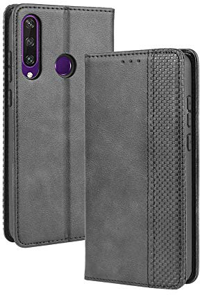 HAOYE Hülle für Huawei Y6p, Retro Premium PU Leder Flip Schutzhülle, Leder Klapphülle Slim Lederhülle mit Standfunktion & Kartenfach TPU Innenraum Case Handyhülle, Schwarz