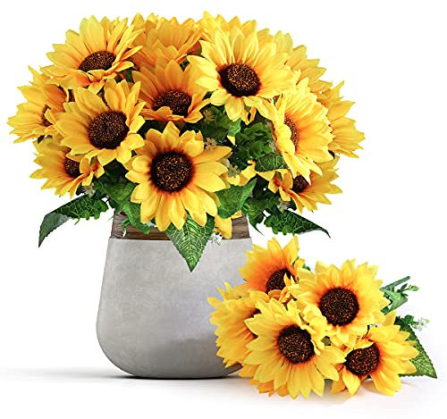 Mocoosy 4 tournesols artificiels Bouquets, Faux tournesols en Soie avec tiges, Fleurs artificielles de Jaunes pour centres Mariage Maison décorations