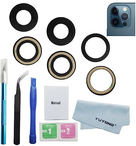 YUYOND Lente de cristal original de repuesto para cámara trasera para iPhone 12 Pro con adhesivo preinstalado con kit de herramientas de reparación (3 piezas de vidrio de cámara)