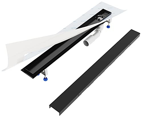 Aquabad Duschrinne SDS Schwarz Matt aus Edelstahl, Länge 100 cm, waagerechter Abgang Seite, Komplett Set mit Blende: Bord, Siphon und Haarsieb
