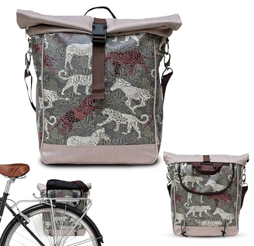 Ikuri Fahrradtasche für Gepäckträger Satteltasche Einzeltasche Packtasche, abnehmbar, mit Tragegurt zum Umhängen, aus Plane, Unisex, Wasserdicht - Modell Animals