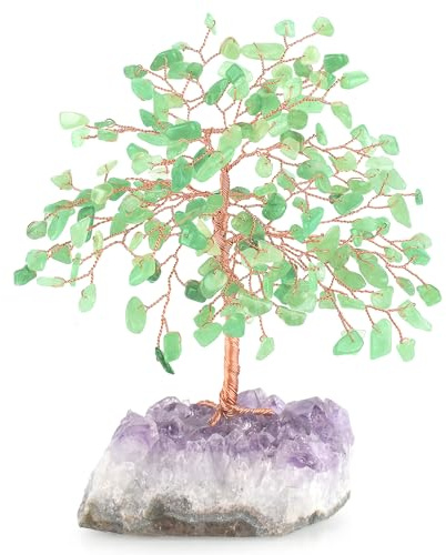 MASGEMES Gemstone Crystal Tree of Life,Natural Green Aventurine with Amethyst Cluster Base,Feng Shui Gift Bonsai Money Tree,Home Decor for Luck and Wealth 5.5-6.3