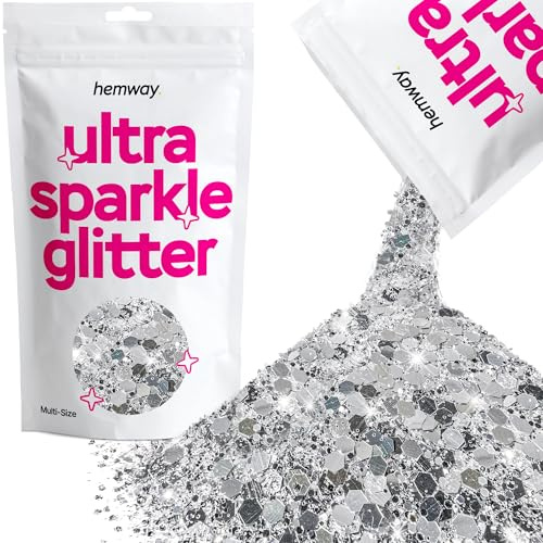 Hemway Ultra Sparkle Glitter Silver 100g Multi Size | Glitter for Arts & Craft, Makeup, Nail Art, Crafting, Card Making, Sparkle Decoration