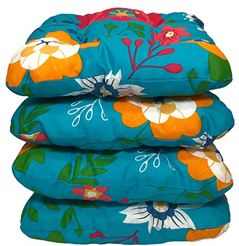 Highliving 4er Set Sitzkissen 38x38 cm Sitzpolster Stuhlkissen Outdoor & Indoor Kissen Weiche Kissen für Gartenstühle, Kissen mit 8cm Schaumstoff Polsterung - Hergestellt in Polen (Susablaue Blumen)