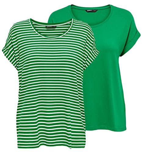 ONLY Tshirt Damen Bluse Top ONLMOSTER 2er Pack Regular Fit Rundhals Basic Kurzarm Shirt Streifen, Größe:L, Farbe:Jolly Green w/cd Stripes