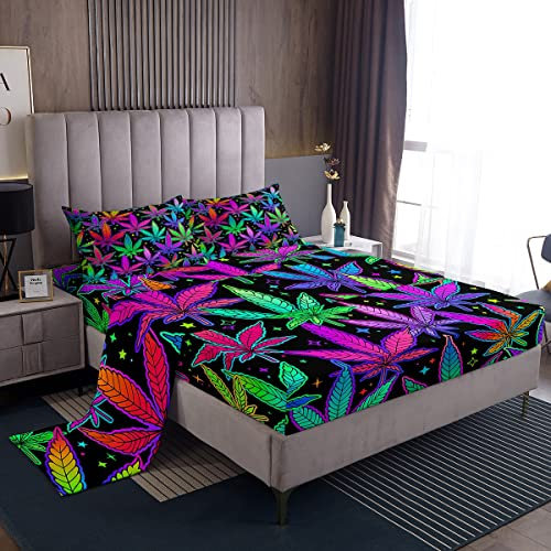 Cannabisblätter, Kinder-Bettlaken, King-Size-Größe, Marihuana-Unkraut, Strauch, botanisches Bettwäsche-Set, Mädchen, Jungen, Erwachsene, Raumdekoration, Sternenhimmel, Galaxie, romantisch, bunt, 4