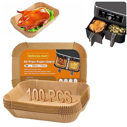 Ambrosia Designs 100pcs Air Fryer Liners Disposable for Ninja Dual Air Fryer, Air Fryer Accessories, Oil-Proof, Water-Proof, Food Grade Parchment Baking Paper for Roasting |Rectangle| (8.7inch-Brown)