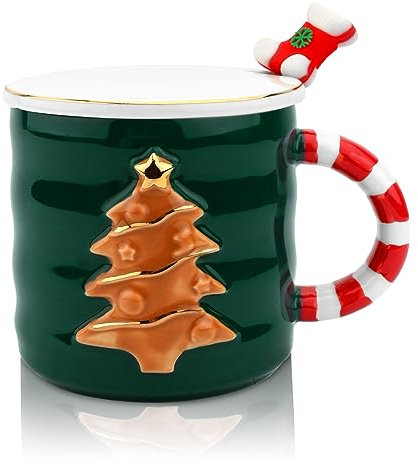 Navidad Taza de Café Taza de Leche con Tapa Cuchara y Asa Tazas de Té de Cerámica Tazas de Navidad Microondas Seguro Sublimación de Cerámica para Mujeres Hombres Niños Perfecto para Cumpleaños (Verde)