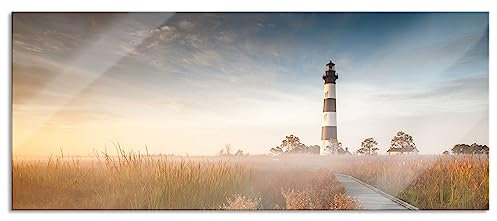 Pixxprint Glasbild Panorama, Wandbild aus Echtglas, Leuchtturm im Nebel, 120x50 cm, inkl. Aufhängung und Abstandshalter
