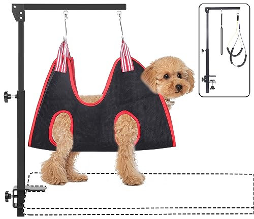 LUCKUP Dog Grooming Arm with Clamps, Pet Grooming Table Arm with Hammock Harness &Two No Sit Haunch Holder, Adjustable Pet Grooming Supplies for Small/Medium Pets, Black