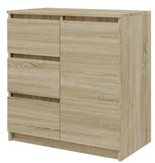 VBChome Kommode mit 1 Tür und 3 Schubladen 80 x 40 x 75 cm Eiche Sonoma Grifflose Schubladenkommode Mehrzweckschrank für Flur Schlafzimmer Wohnzimmer Kinderzimmer Modern Eiche Sonoma