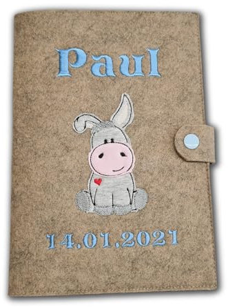 U-Heft Hülle Filz mit Name und Datum Esel (Natur meliert)