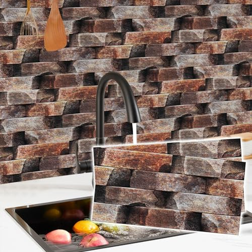 Abyssaly Tile Stickers for Kitchen, Bathroom Stick on Tiles, Red/Brown Peel and Stick Self Adhesive Vinyl Wall Tiles for Home Decor DIY Backsplash, 15x30cm/12pcs