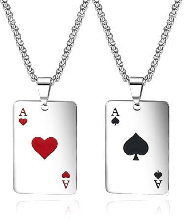 Kawailay 2 Pcs Poker Card Necklace, Stainless Steel Silver, Unisex Adults, Poker Lovers, Bikers, Hip Hop Fans, Rockers, Necklace