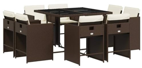 vidaXL Garten Essgruppe 9-TLG., Gartenmöbel Set mit Kissen, Gartengarnitur Tisch 8 Stühle, Sitzgruppe Sitzgarnitur, Braun Poly Rattan