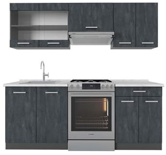 Vicco Küchenzeile R-Line, Küchenblock, Schwarz Beton/Anthrazit, 200 cm AP Marmor