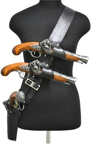 Free Size Pirate Leather Shoulder Belt Flintlock Holster With 3 Holsters Steampunk Belt Pistol Gun Holder Buccaneer Costume Cosplay Captain Accessory,black
