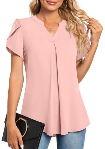 Aodemo Womens Summer Chiffon Blouse Business Ladies Tops Petal Short Sleeve Tunic Office Shirts for Work XL, Pink