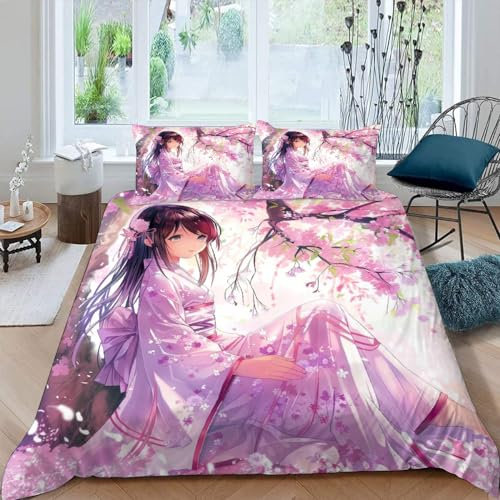 VULORA Bettwäsche 135x200 Anime Frau Bettbezug mit Reißverschluss 100% Mikrofaser Bettwäsche-Sets für Junge Mädchen 3D Druck Lila Kinderbettwäsche mit 2 Kissenbezüge 80x80cm Sommer
