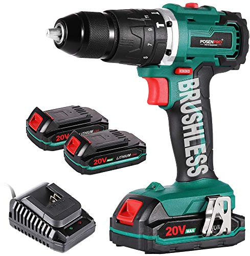 POSENPRO Trapano Avvitatore Batteria 20V, Brushless Avvitatore a Batteria con 2 Batterie da 2.0Ah, 50N.m di Coppia, 2 Velocità, 19+3 Coppia, Luce a LED, Trapano a Percussione da 1/2, Per il fai da te