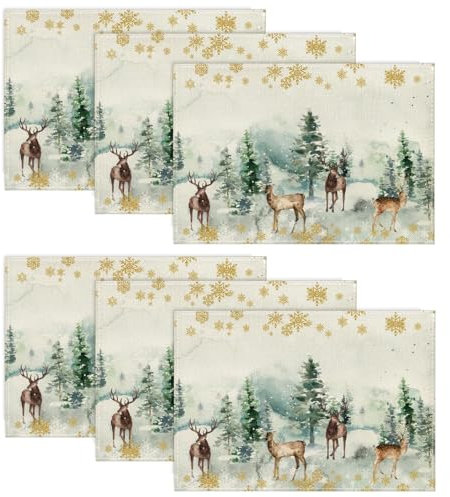 Artoid Mode Kiefern Elch Schneeflocken Weihnachten Platzsets 6er Set, 30x45cm Winter Urlaub Bankett Tischsets Platzdeckchen Küche Party Deko