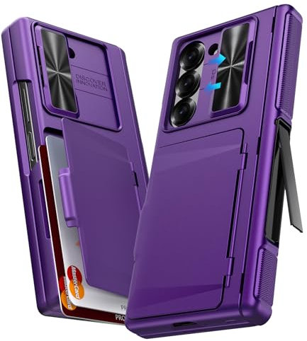 SIXBOX für Samsung Galaxy Z Fold 6 Hülle mit Kartenfach & Stand & Slide Kameraschutz & Kratzfest Displayschutz & Scharnierschutz, Rugged Stoßfest Cover für Samsung Z Fold 6 (2024), Dunkel Violett