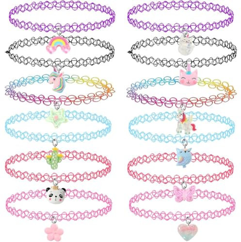 ZOPJUMA 12 Pièces Tour de cou Collier pour enfants adolescents filles femmes, pendentif breloque licorne arc-en-ciel panda chat cœur fleur sirène tour de cou tatouage henné élastique
