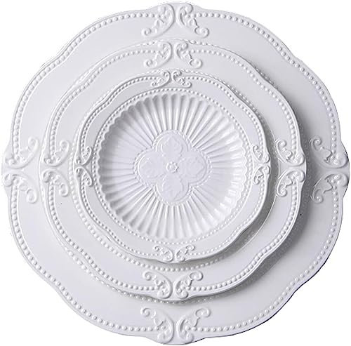 BIBTOO Juego de 3 Platos de Porcelana Blanca con Relieve, Plato de Cena Tipo Buffet, Juego de Platos de Sopa, Plato de Cena(L)