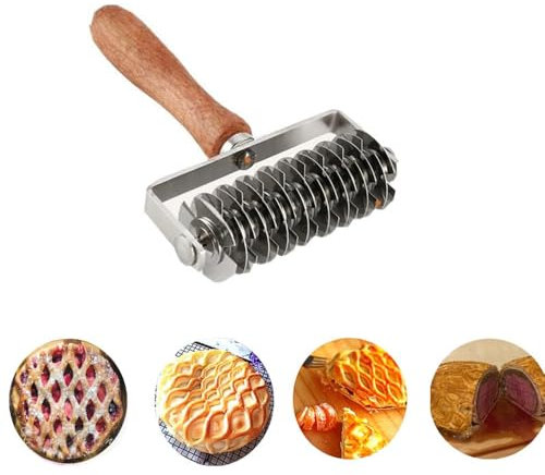 Teiggitter-Roller, Edelstahl-Gitter-Teigschneider mit Holzgriff, für Kuchen, Pizza, Brot, Rindfleisch, Wellington, Gebäck, Krustenroller, Schneider