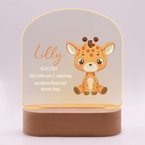 LAUBLUST 3D LED Nachtlicht für Kinder - Personalisierte Lampe mit Baby Namen & Wunschtext | Natur Holzsockel - Geschenk zur Geburt & Taufe für Mädchen und Jungen | Kinderzimmer Deko (Giraffe)