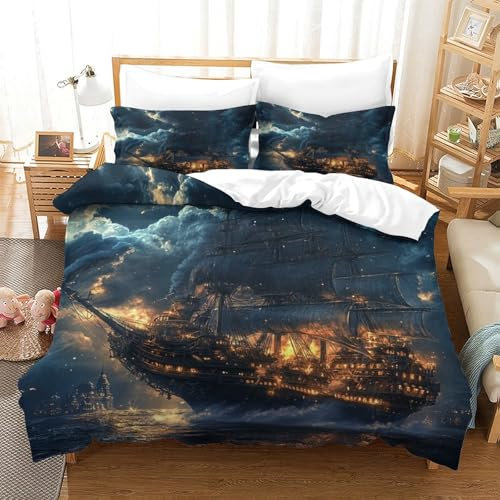 Art Piratenschiff 3D-bedrucktes Bettwäsche-Set Mit Reißverschluss Und Kissenbezüg Piratenschiff Bettwäsche Polyester Mikrofaser Und Kissenbezug Single(140x200cm)